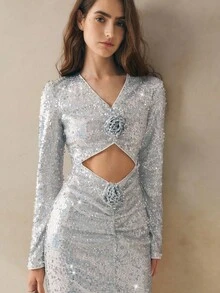 INAWLY Robe longue de mode pour femmes avec décoration florale 3D en sequins et effet ajouré - Blanc - Voir 5
