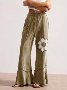 Bohemela Quần ống rộng dáng rộng, chất liệu len dệt trơn màu phong cách Boho thường ngày dành cho nữ - màu nâu - Xem 4