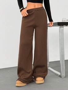 SHEIN Unity 秋冬新款梅拉德阔腿裤，宽松针织直筒裤，通勤、垂坠、修身 - 咖啡棕 - 查看 5
