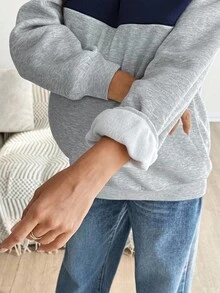 SHEIN Blusa de amamentação casual com estampa de bloco de cores, gola redonda, ombros caídos, manga comprida, forro térmico, outono/inverno - Multicolorido - Ver 3