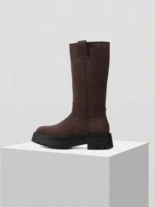 Minimalana botas marrom estilo britânico vintage de cano médio para mulheres, botas de motociclista, acabamento desgastado, efeito adelgaçante