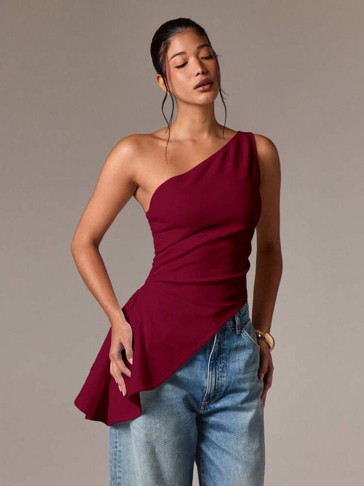 Asymmetrical One Shoulder Peplum Top With Ruched Waist