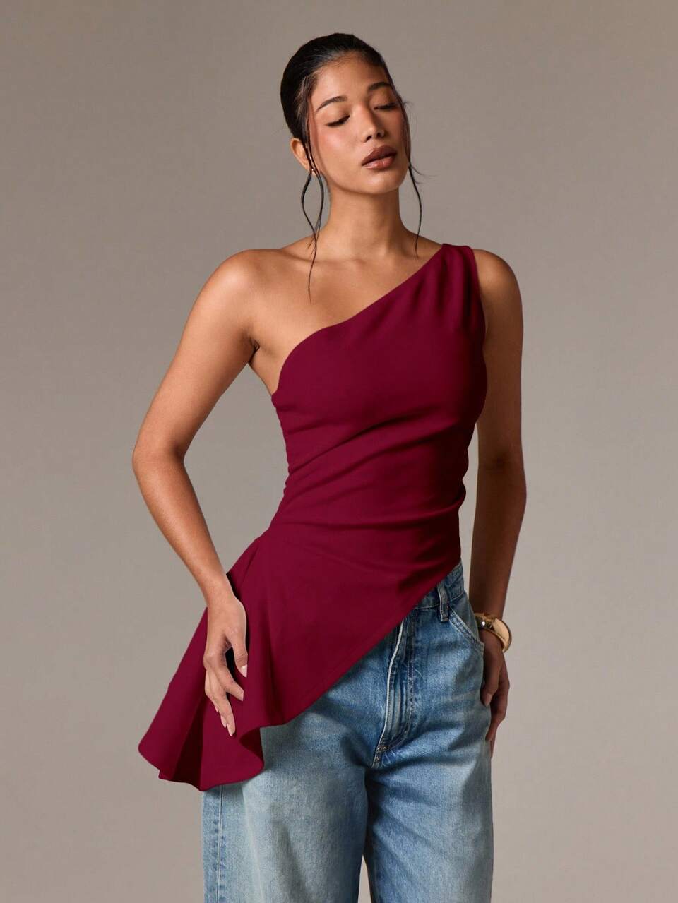 AiiRZ One Shoulder Asymmetrical Peplum Top Evening Party Night Out Ruched Waist Elegant Holiday Special Occasion Sleeveless Blouse