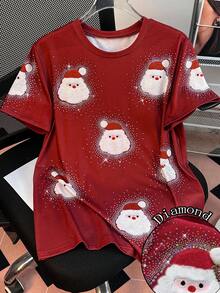 SHEIN 女士水钻圣诞老人圆领短袖 T 恤，圣诞礼物 - 彩色 - 查看 1
