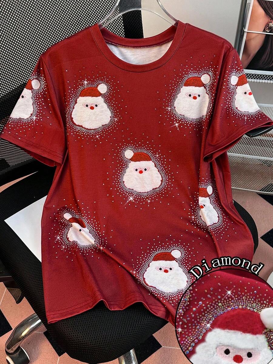 SHEIN 女士水钻圣诞老人圆领短袖 T 恤，圣诞礼物 - 彩色 - 查看 1