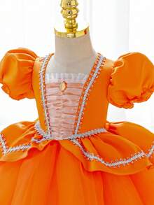 SHEIN Glamorique Kids 女婴橙色荷叶边泡泡袖派对连衣裙，适合圣诞节、生日、婚礼、节日等场合 - 橘色 - 查看 4