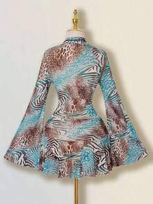 SHEIN ICON Vintage Animal Print Flare Sleeve Top And Skirt 2 Pieces Set For Women Leopard Print Set - Green - View 2