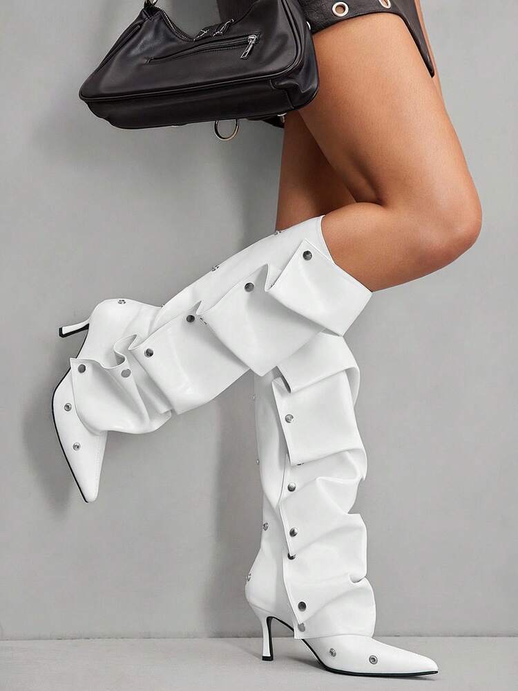 CUCCOO SZL Botas por encima de la rodilla con tacón de aguja, decoración fruncida y punta afilada para mujer, color blanco sexy
