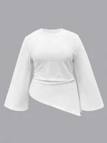 INAWLY Camiseta casual de mujer talla grande con cuello redondo, mangas acampanadas, fruncido y bajo asimétrico de unicolor - Blanco - Ver 3