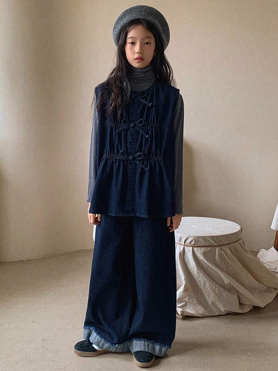 DAZY 女童时尚蝴蝶结牛仔背心和裤子套装 - 藍色 - 查看 1