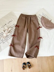 LMoss Kids Röda och vida jeans med rosett för unga flickor - Kaki - Visa 2