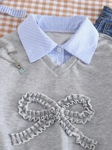 Teen Girl Casual Pullover Sweatshirt, Versatile For School & Commute, 2 In 1 Sweatshirt With Shirt Collar, Numeric & Letter, Leopard Print Pattern, Loose Fit - Grey - View 5