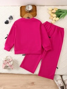 Elladie kids 2 件套紫色蝴蝶结运动衫和裤子套装，适合 4-7 岁小女孩，休闲运动套装，秋季 - 玫紅色 - 查看 2