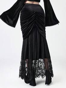 ROMWE EDITION Damen Vintage Palast Romantisch Gotisch Samt Kontrast Spitze Rock