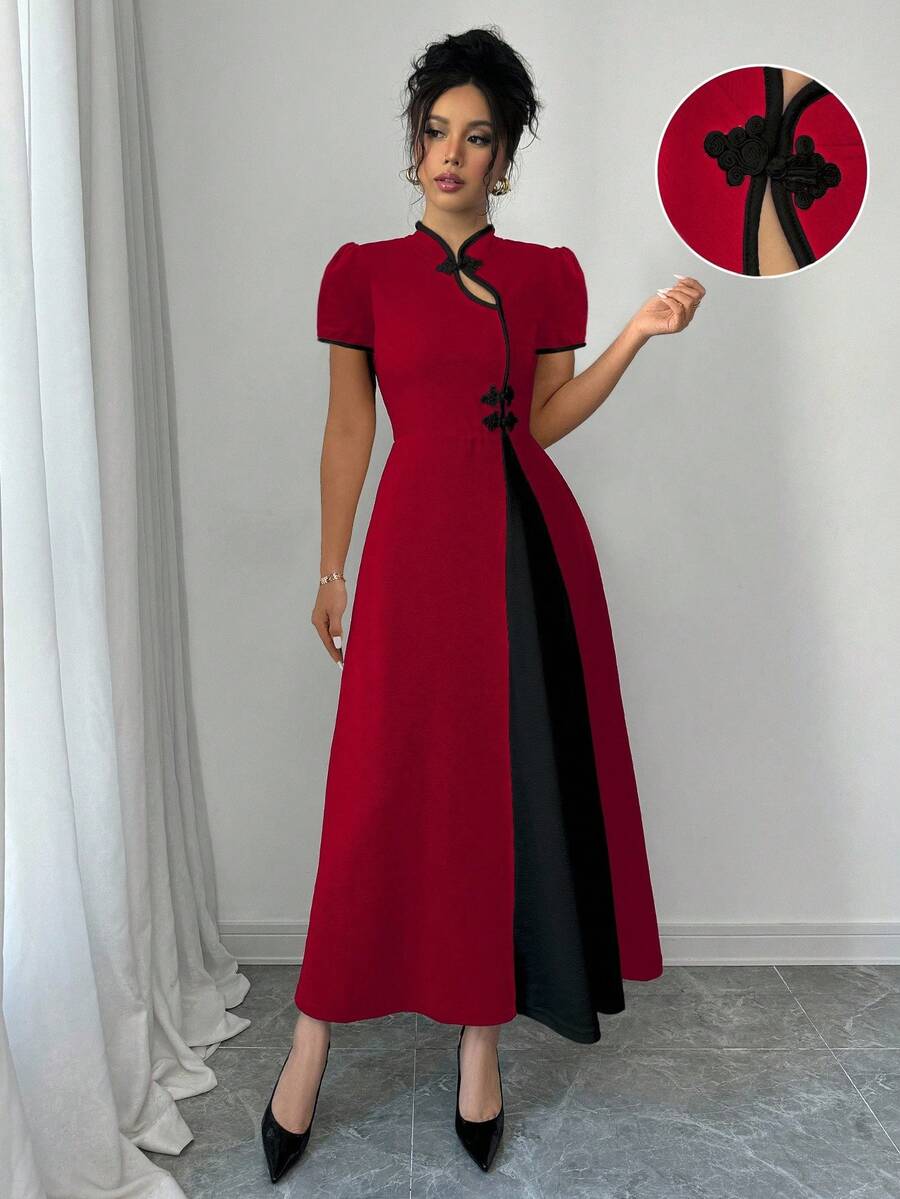 Rafferiza Women Elegant Contrast Color Block Button Puff Sleeve Dress - Red - View 1