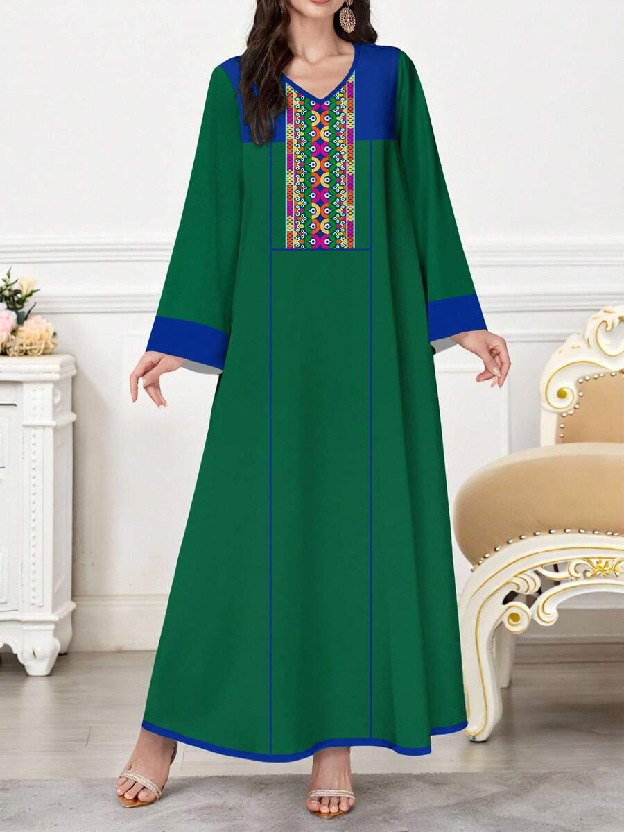 SHEIN Najma Váy dài tay cổ chữ V họa tiết hình học chắp vá màu xanh lá cây thanh lịch theo phong cách Ả Rập dành cho nữ, Xuân/Hè - Nhiều màu - Xem 1
