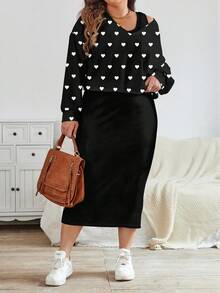 EMERY ROSE 2pcs/Set Plus Size Heart Pattern Long Sleeve Top And Sleeveless Dress, Casual Autumn/Winter Outfit - Multicolor - View 3
