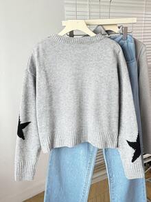 SHEIN 少女时尚休闲百搭灰色星形图案毛衣，星形卫衣，青少年毛衣，灰色毛衣，星形毛衣，可爱毛衣，灰色上衣，短款毛衣，女童毛衣，可爱毛衣，秋冬毛衣，青少年套头毛衣，青少年毛衣，女童星形毛衣 - 灰色 - 查看 2