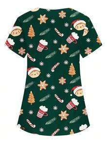 PopScrub 圣诞V领短袖双口袋可爱圣诞图案上衣，适合儿童穿着，图案包括圣诞帽、圣诞树、雪花、姜饼人、拐杖糖等卡通印花。也适合护士/医生工作服/手术服/女士纯色宠物美容工作服/营养师工作服/多口袋实验室工作服/女士节日/圣诞上衣/圣诞装饰，可爱又喜庆。 - 綠色 - 查看 2