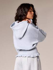 AiiRZ 褶饰腰部短款连帽衫，带荷叶边下摆细节，长袖宽松休闲秋冬春季家居服时尚 - 灰色 - 查看 2