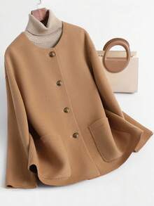 Franclia New Autumn/Winter Women Casual Loose Fit Wool Blend Round Neck Short Coat