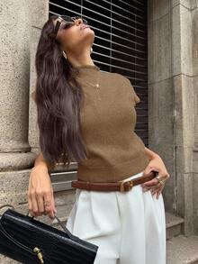 Firerie Elegant High Neck Loose Casual Versatile Sleeveless Knit Sweater Vest Going Out Tops Women,Tops For School In Fall/Winter - Camel - View 10