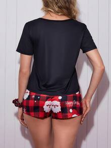 SweetSlumber Casual Young Women's Plaid Short Sleeve Pajama Set, Multicolor Knitted Fabric Sleepwear With Festive Santa Claus Print, Round Neck Top And Knot Detail Halloween Cute Sleep Wear Women Lounge Short Sets For Women Women Pajama Shorts Set Sleep Shorts Set Pj Shorts Set
