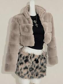 SHEIN ICON 女式宽松卡其色条纹仿皮草大衣，秋冬 - 卡其色 - 查看 3