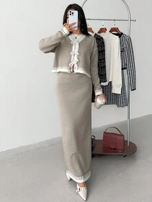 SHEIN 2件套少女渐变色蝴蝶结针织休闲基本款服装，秋冬