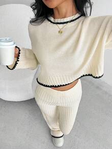 SHEIN 2 件青少年女孩休闲舒适毛衣和裤子套装，撞色装饰秋冬装 FGirlmen - 杏色 - 查看 2