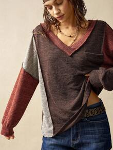 Bohemela 女士休闲拼色V领长袖宽松T恤 - 摩卡棕 - 查看 2
