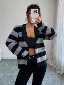 SHEIN Elenzya Women's Black Autumn Casual Striped Knit Cardigan,Streetwear Back-To-School Vintage Grunge Korean Style,Versatile Occasion Sweater For School,Work - Multicolor - View 1