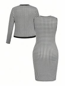 EMERY ROSE Plus Size Women Colorblock Sleeveless Dress & Long Sleeve Cardigan Knit Casual Set For Spring And Autumn Fall Cloth For Women - Black and White - View 2