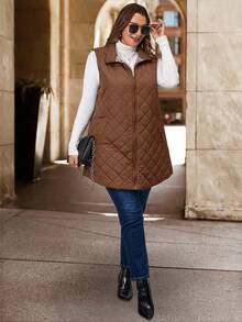 SHEIN Clasi Große Größen einfarbiger Reißverschluss-Taschen-Diamantmuster-Ärmellose Steppjacke, Herbst/Winter