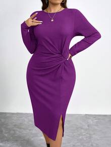 SHEIN Clasi Plus Size Solid Color Twist Knot Crew Neck Fitted Elegant Long Sleeve Dress/Fall/Winter - Purple - View 4