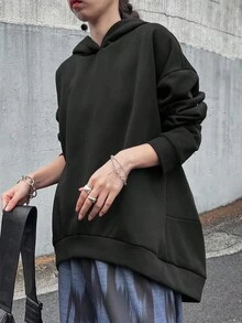 FRIFUL Women's Solid Black Sweatshirt With Dropped Shoulders, Front Short Back Long Hem Splice, Loose Casual Versatile Fleece Sweatshirt, Autumn/Fall - Black - View 4