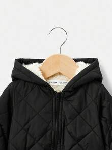 SHEIN Baby Boy Letter Patched Detail Plush Lined Zipper Hooded Quilted Coat Baby Boy Jacket Winter - Black - View 7