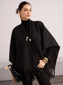 Heiryn Women's Elegant Minimalist Fringe Hem Lapel Poncho Coat, Autumn/Winter - Dark Grey - View 2