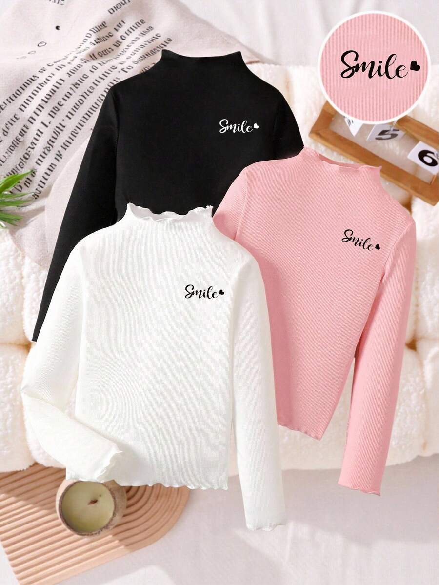 SHEIN Áo thun cổ tròn in họa tiết rau diếp trơn 3 chiếc cho bé gái tuổi mới lớn, phù hợp mọi phong cách thường ngày - Nhiều màu - Xem 1