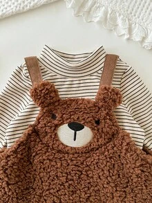 Cozy Pixies 2 件女婴条纹圆领长袖运动衫 + 厚熊装饰围兜连衣裙套装 - 棕色 - 查看 3