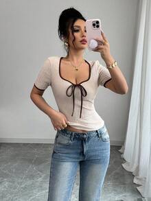 Selianne French Style Color Block Deep V-Neck Bow Design Fitted Women T-Shirt - Multicolor - View 5