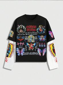 ROMWE MEN Street Life Men's Casual Religious Character Long Sleeve 2 In 1 T-Shirt, Fall - Black - View 5
