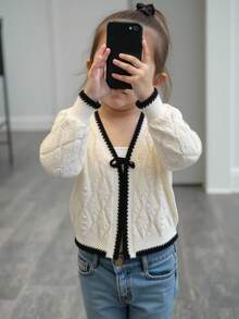 SHEIN Fashionable V-Neck Casual Bow-Tie Cardigan Sweater Jacket For Baby Girl, Versatile, Autumn/Winter