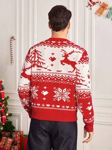 Manfinity RelaxMax 男士休闲驯鹿雪花图案圆领长袖毛衣，秋冬季，圣诞节适用 - 紅色 - 查看 2