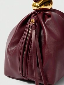 SHEIN BAE 1 件纯色 PU 皮革手提包，酒红色锚图案装饰，褶皱迷你云朵造型，金属配件拉链开合，适合日常和外出使用，时尚酒红色包 - 酒紅色 - 查看 6