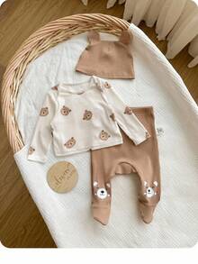 新生女婴休闲可爱卡通图案针织长袖上衣、裤子和帽子家居服套装 - 彩色 - 查看 3