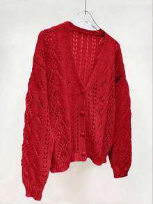 EMERY ROSE Cardigan casual a maglia con scollo a V e design traforato, tinta unita, da donna