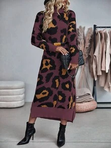 EMERY ROSE 女式休闲豹纹高领长袖针织毛衣裙，秋冬 - 彩色 - 查看 6