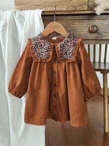 Vintaside Kids Baby Girls' Corduroy Ditsy Floral Dress, Countryside Style, Elegant & Cute, Suitable For Spring, Autumn And Winter Transition Seasons - Brown - View 3
