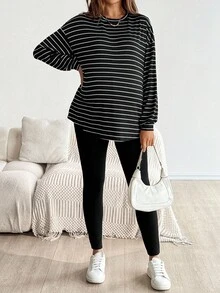 SHEIN 2件套孕妇休闲条纹上衣和紧身裤套装，秋季 - 黑色 - 查看 5